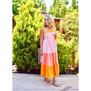 J.Crew NWT Tiered Maxi Dress Sleeveless Midi Pink Orange Sun Dress Sz 0P Tank